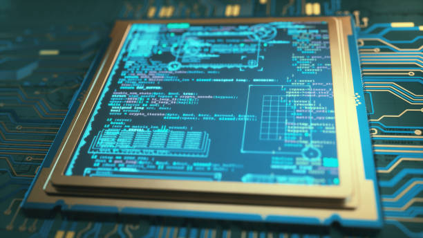 close up on a micro-processor chip and circuit design with a digital display showing programming language code and infographics. - 系統(tǒng)軟件開發(fā) 個照片及圖片檔