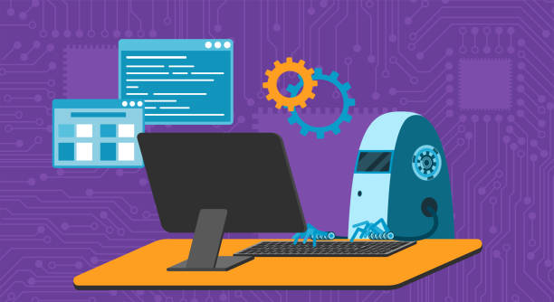 automated work of software, business project development, robot using keyboard at table - 系統軟件開發(fā) 幅插畫檔、美工圖案、卡通及圖標